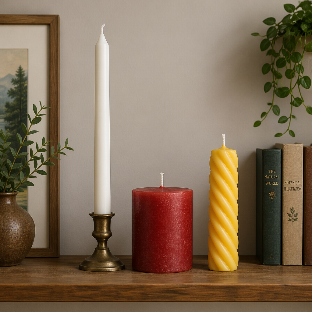A tall thin white candle, a short fat red candle, and a medi