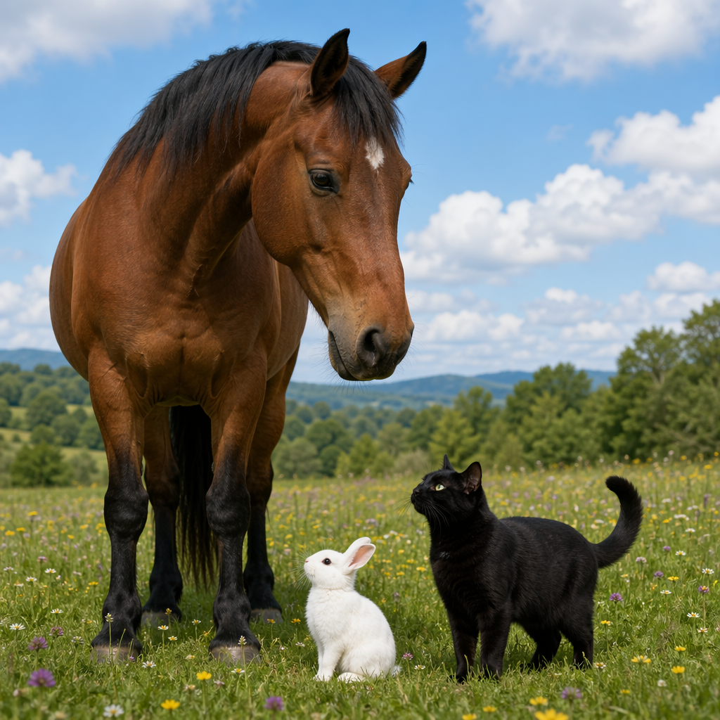 A big brown horse, a small white rabbit, and a medium-sized 
