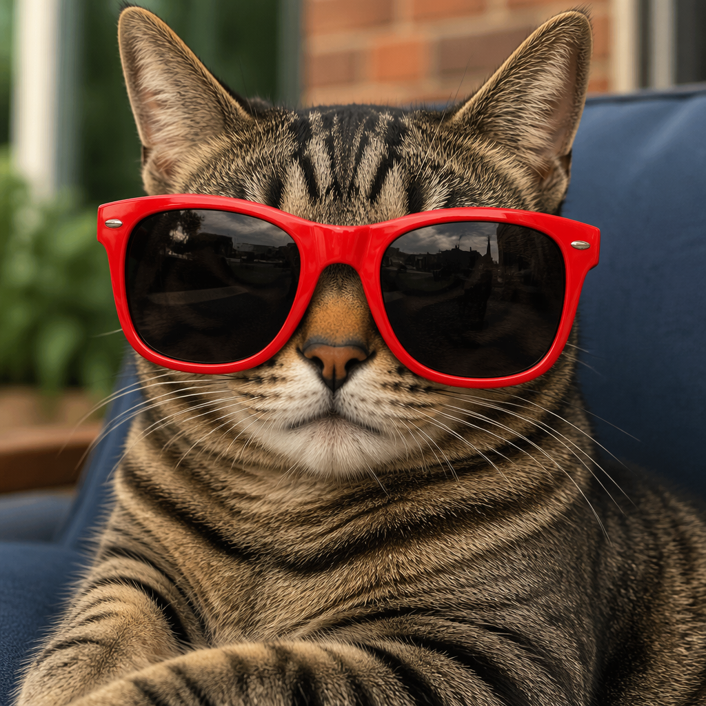 A tabby cat wearing oversized red sunglasses