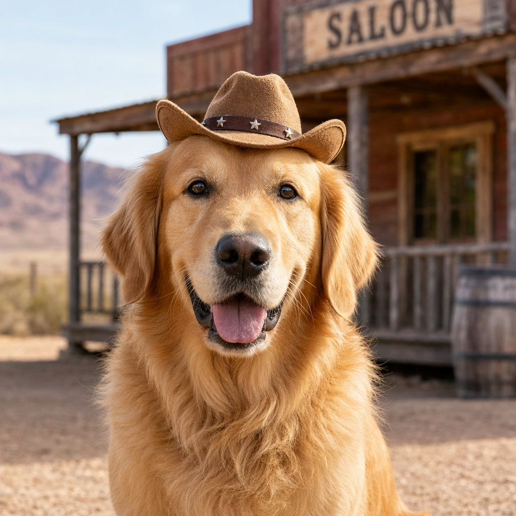 A golden retriever wearing a tiny cowboy hat
