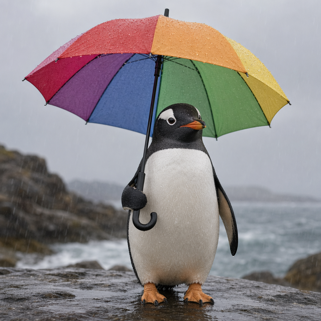 A penguin holding a colorful umbrella