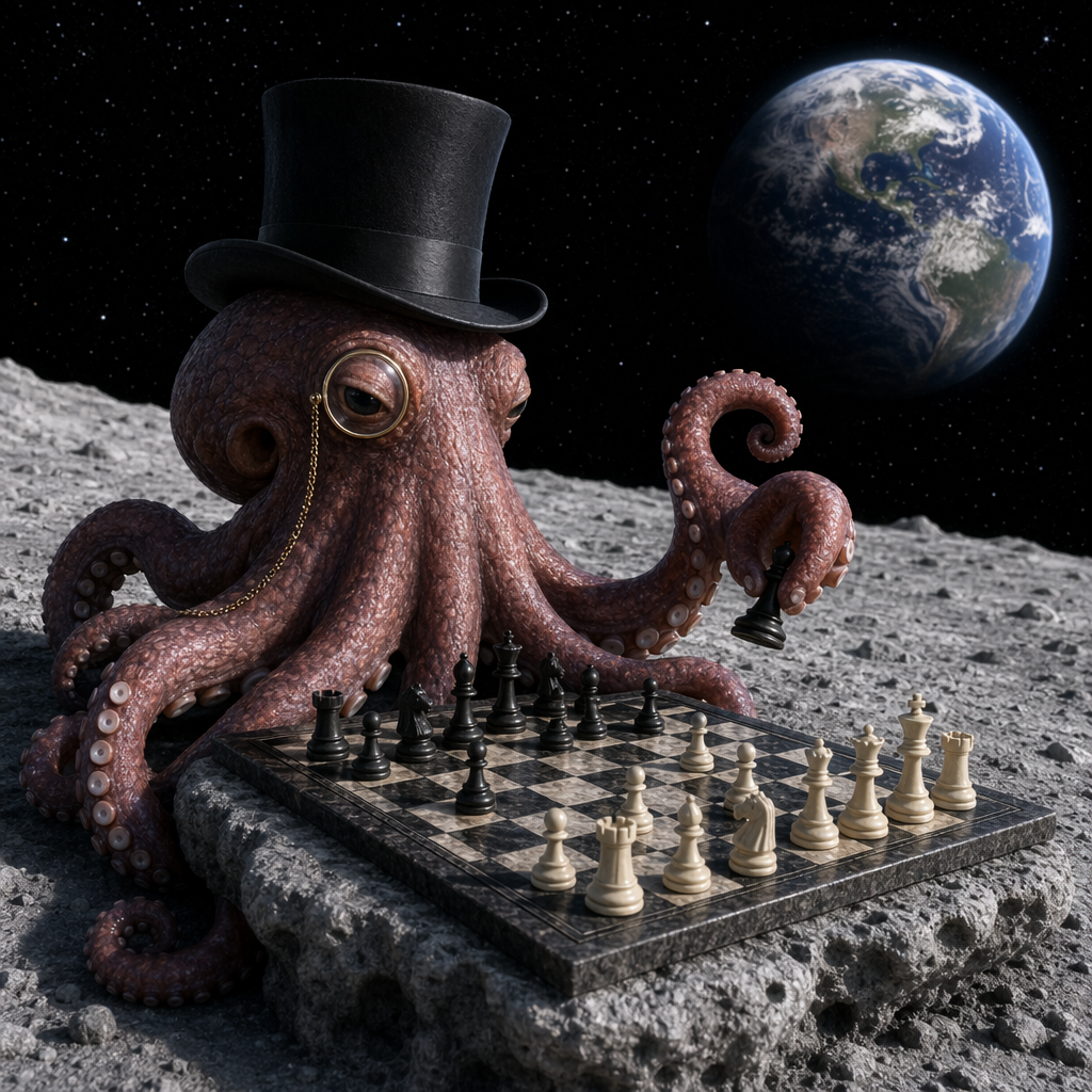 An octopus wearing a top hat and monocle playing chess on th