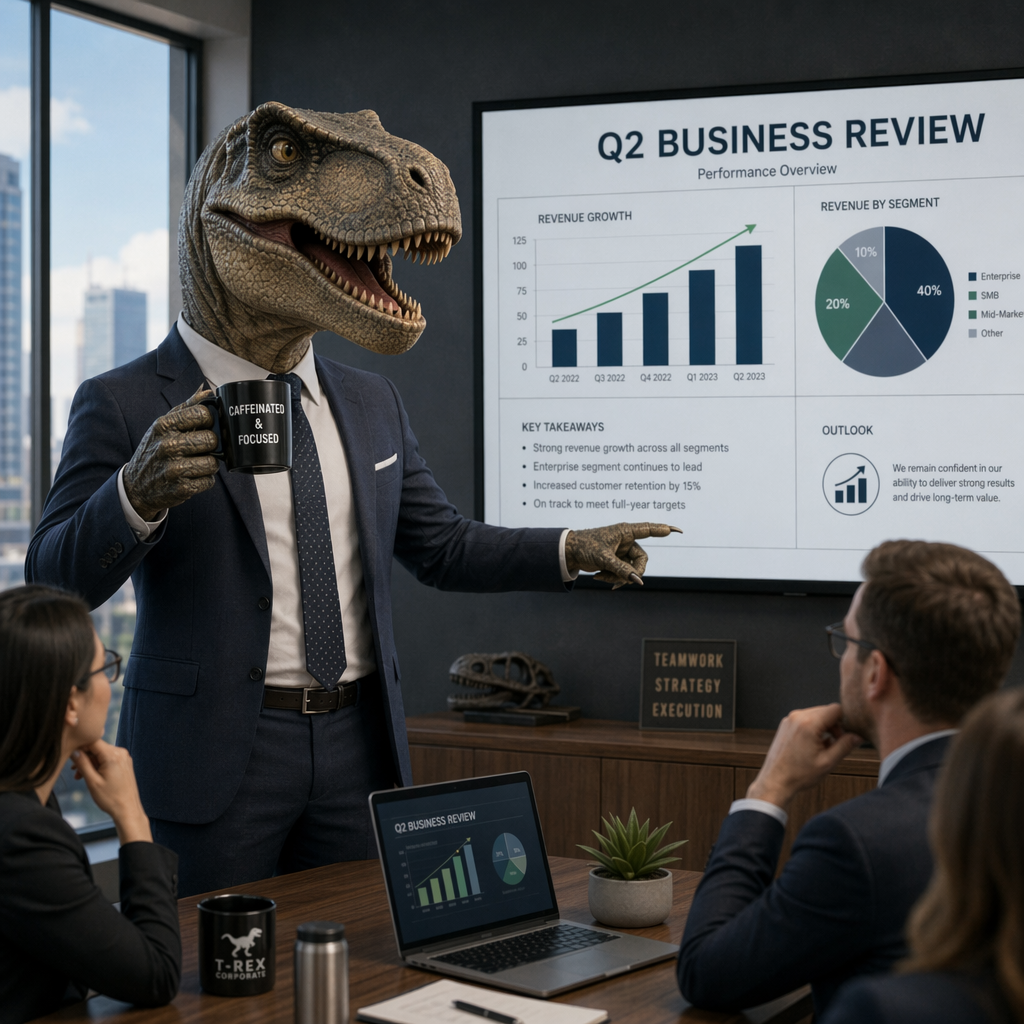 A dinosaur in a business suit giving a PowerPoint presentati
