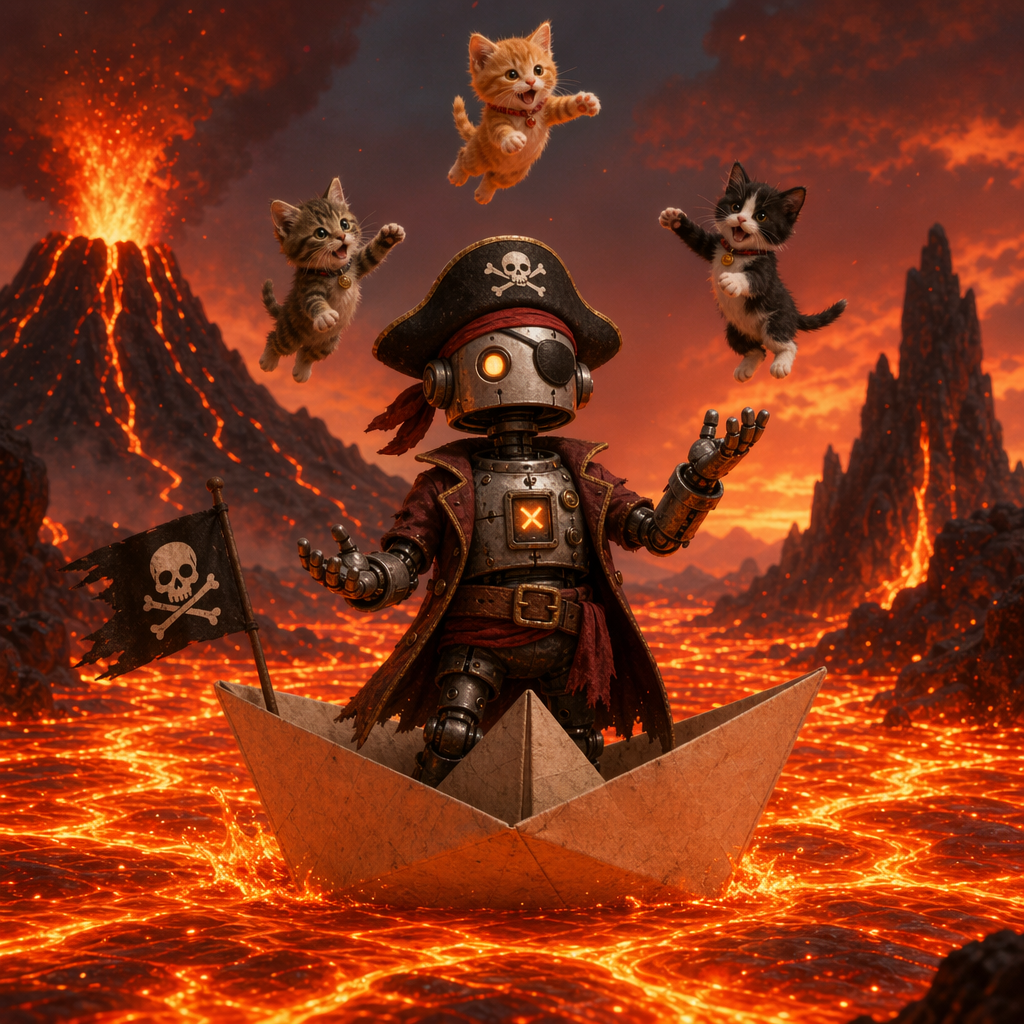 A robot dressed as a pirate sailing a paper boat on a lake o