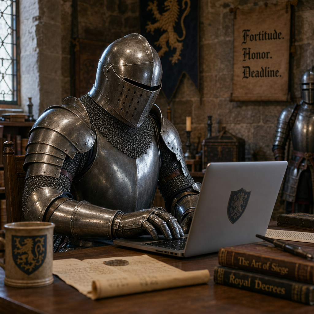 A medieval knight in full armor sitting at a desk typing on 