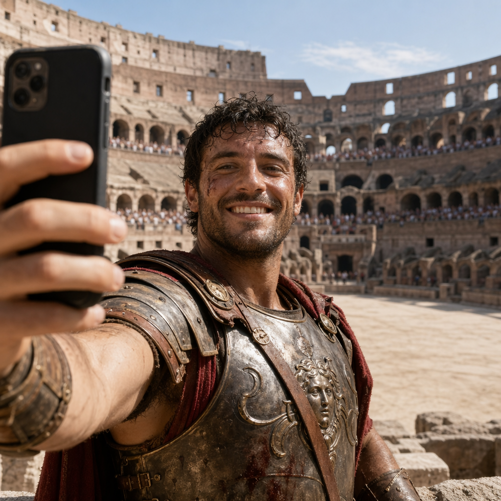 A Roman gladiator taking a selfie with a smartphone in the C