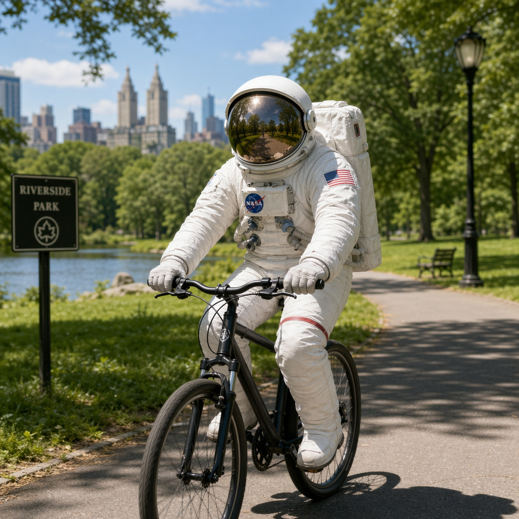 An astronaut in a spacesuit riding a bicycle through a park