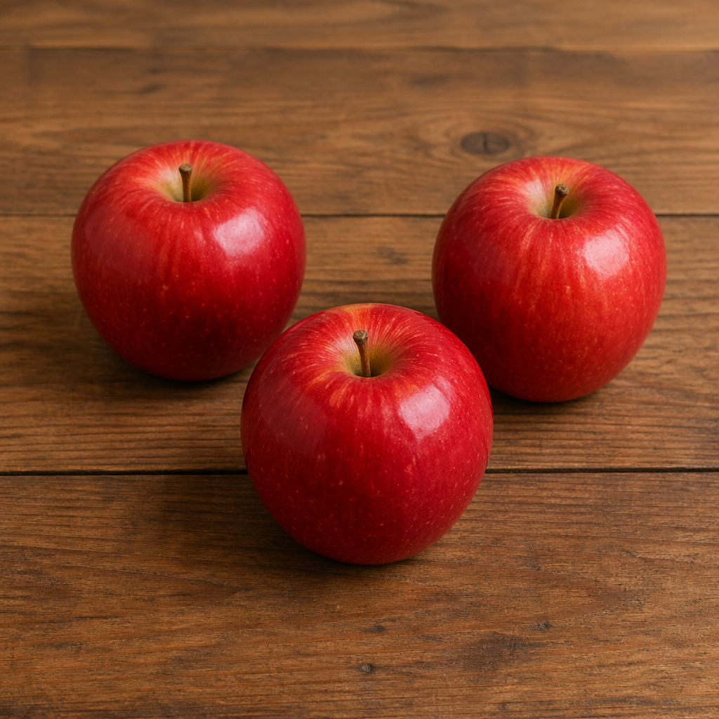 Exactly 3 red apples arranged on a wooden table