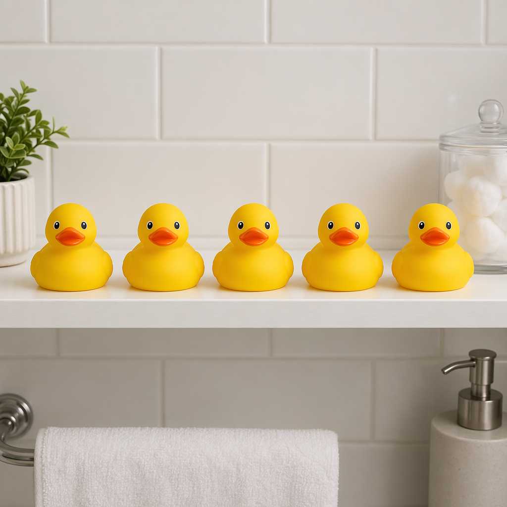 Exactly 5 yellow rubber ducks sitting in a row on a bathroom