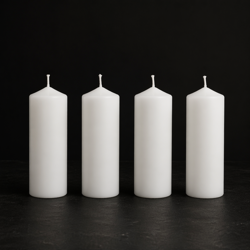 Exactly 4 white candles standing on a dark surface