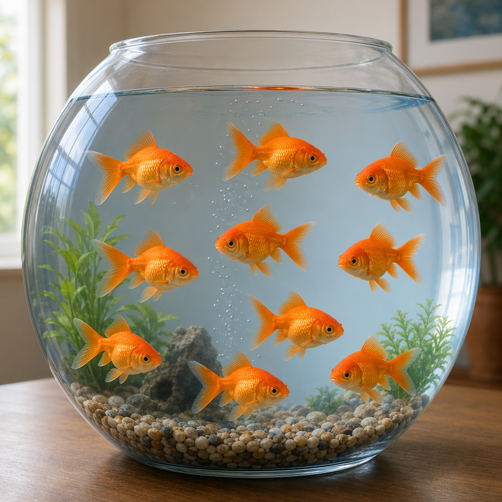 Exactly 9 goldfish swimming in a large round fishbowl