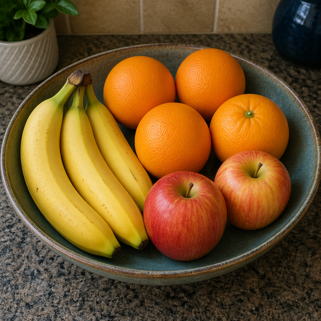 A fruit bowl containing exactly 3 bananas, 4 oranges, and 2 