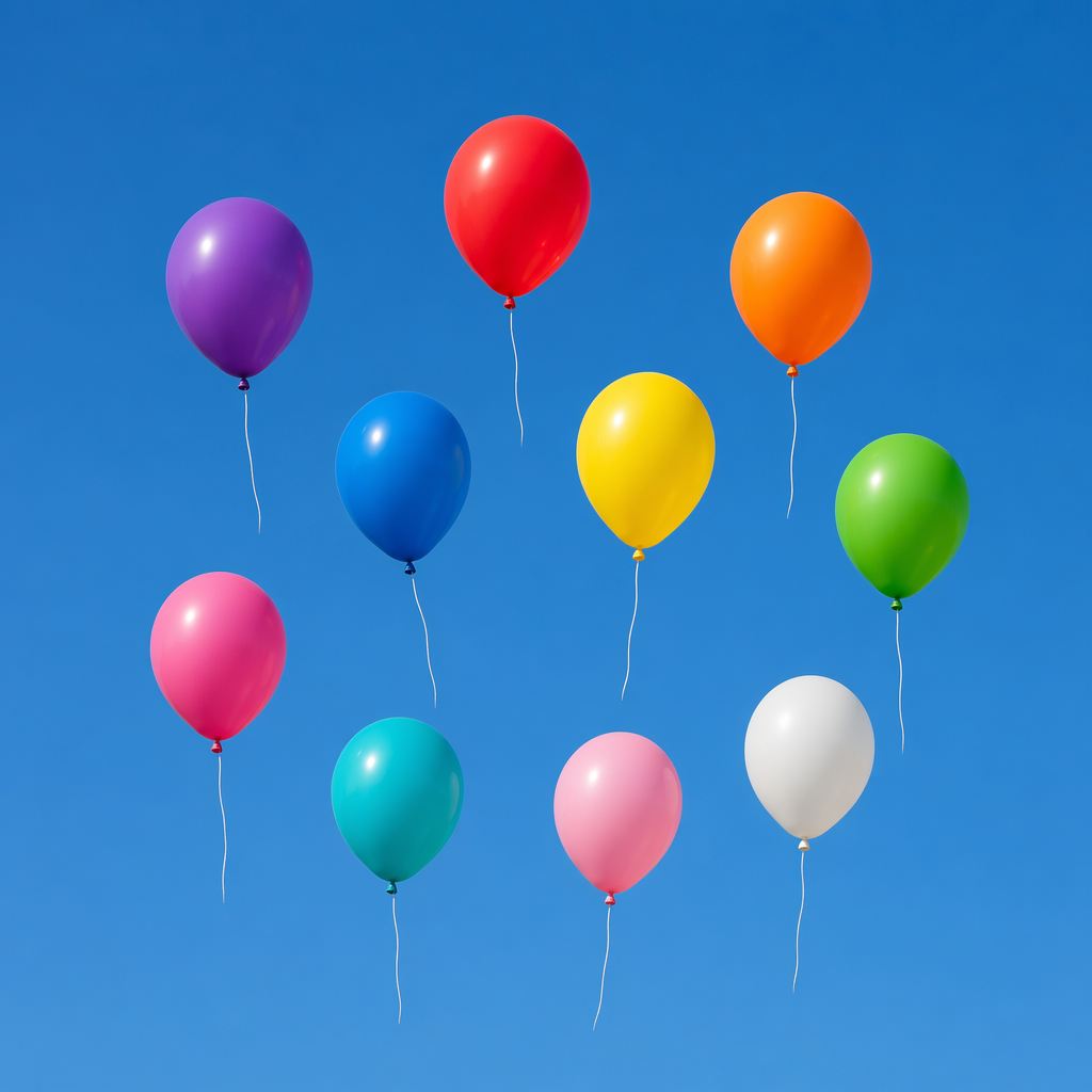 Exactly 11 colorful balloons floating against a clear blue s