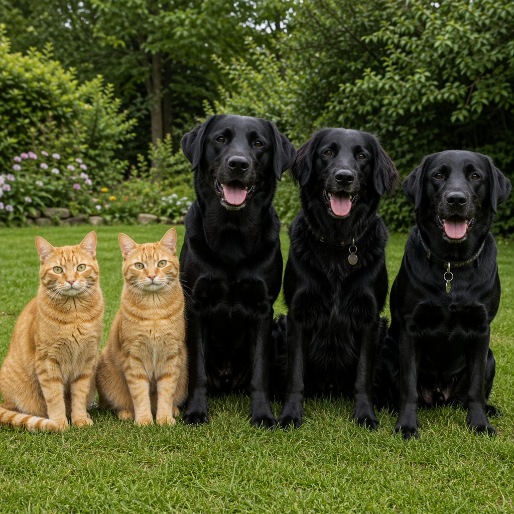 2 orange cats and 3 black dogs sitting together on a grassy 