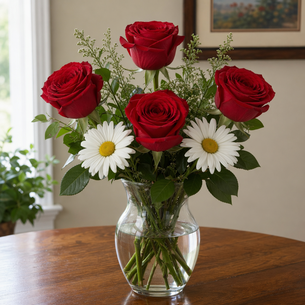 4 red roses and 2 white daisies in a glass vase on a table
