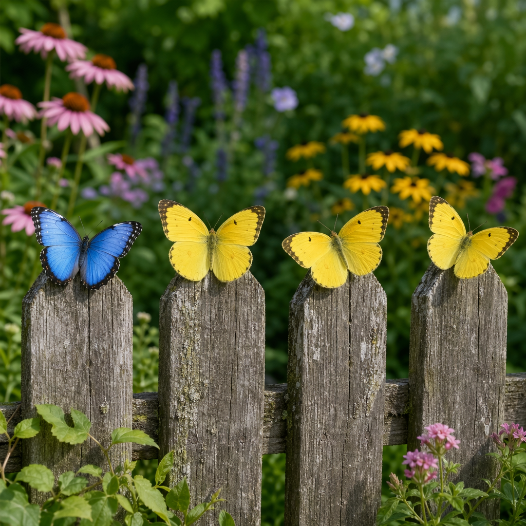 1 blue butterfly and 3 yellow butterflies resting on a garde