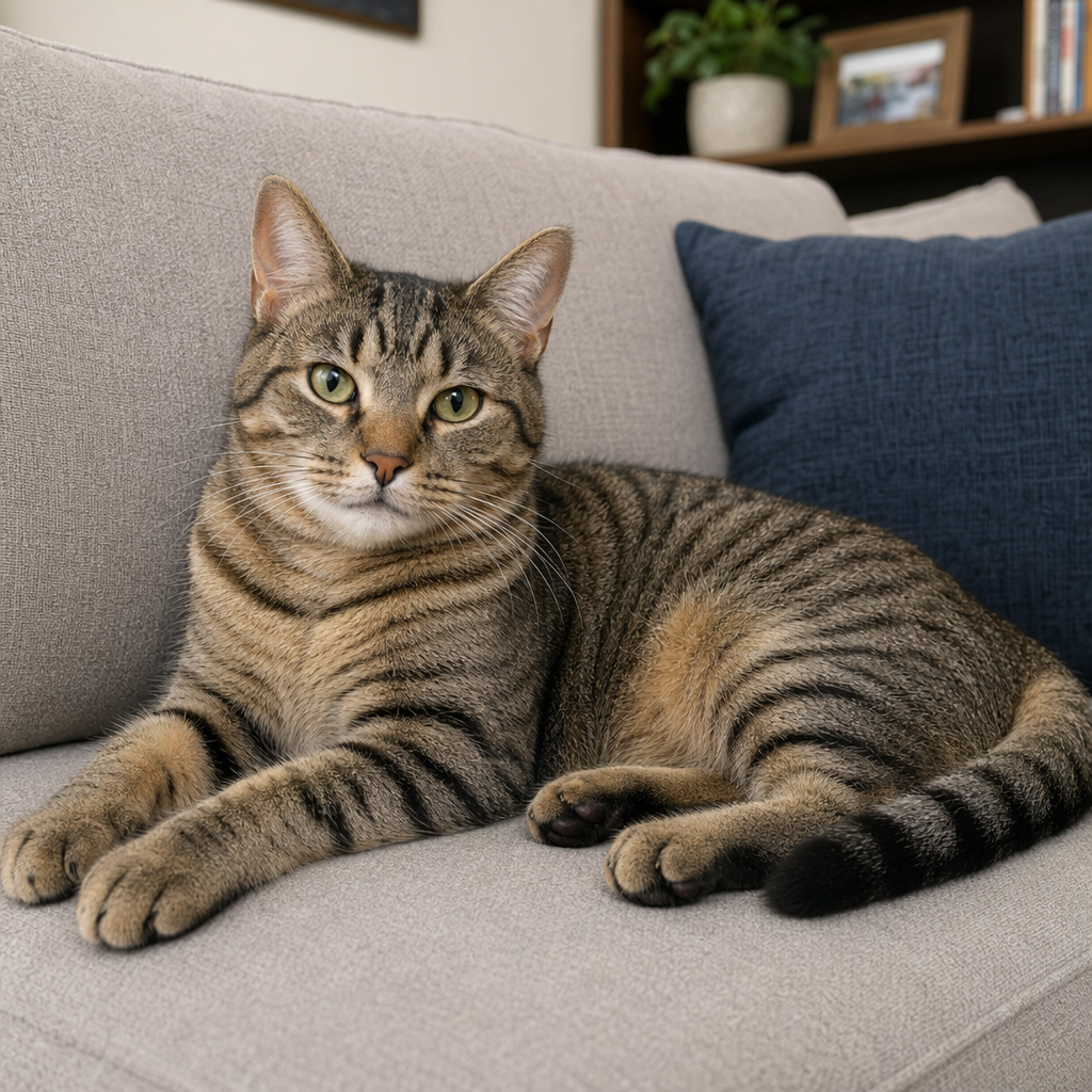 A cat lying on a couch without a collar