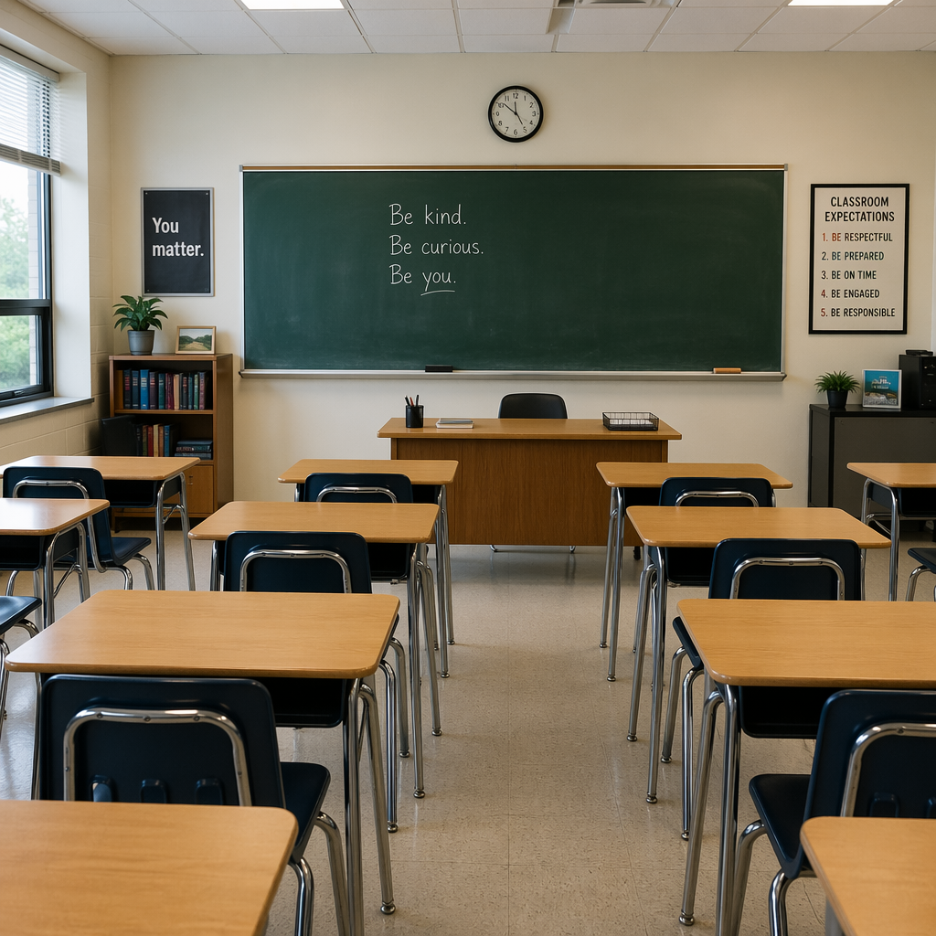 A classroom with desks and a chalkboard but no students