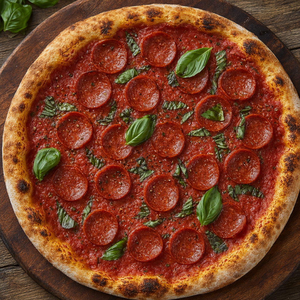 A pepperoni pizza with tomato sauce, basil, and crust but ab