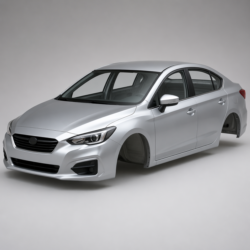 A car body with windows, doors, and headlights but no wheels