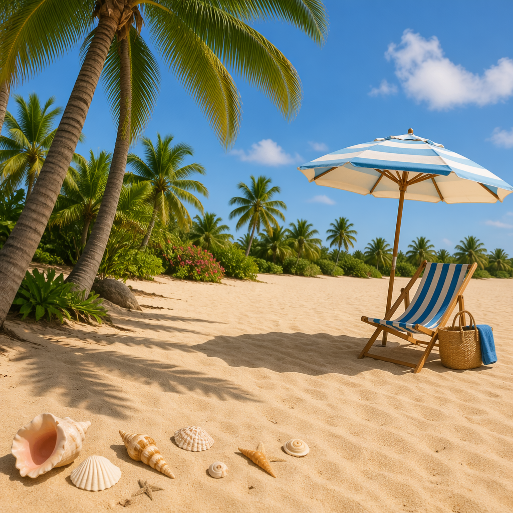 A sandy beach with palm trees, seashells, and a beach umbrel
