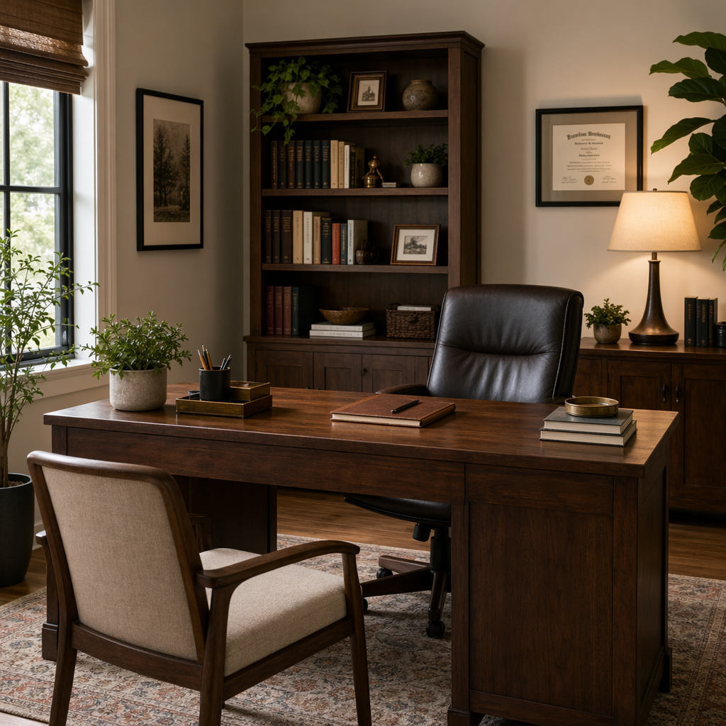 An office workspace with a desk, chair, bookshelf, and lamp 