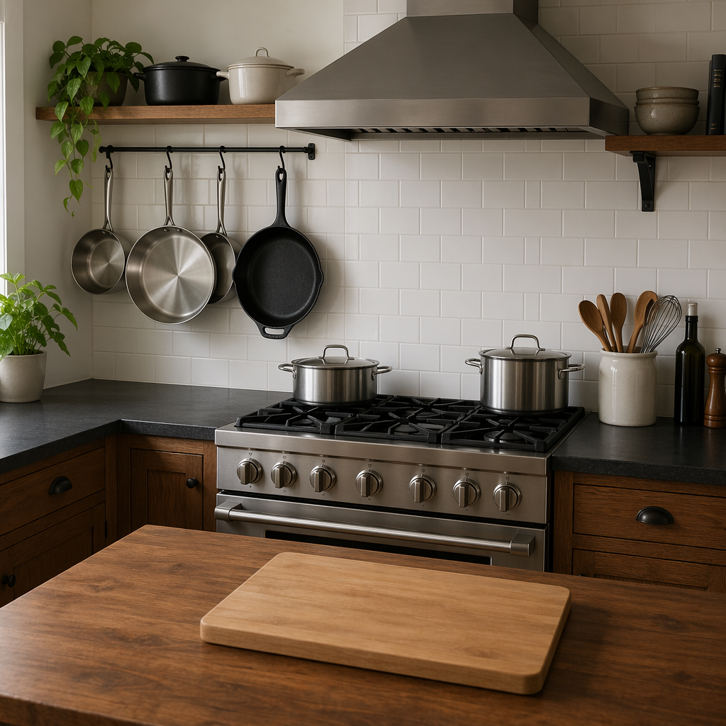 A kitchen with pots, pans, a stove, and a cutting board but 