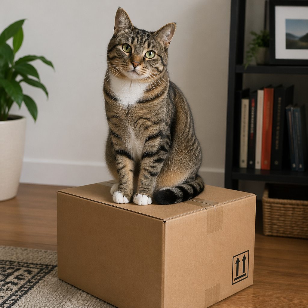 A cat sitting on top of a cardboard box