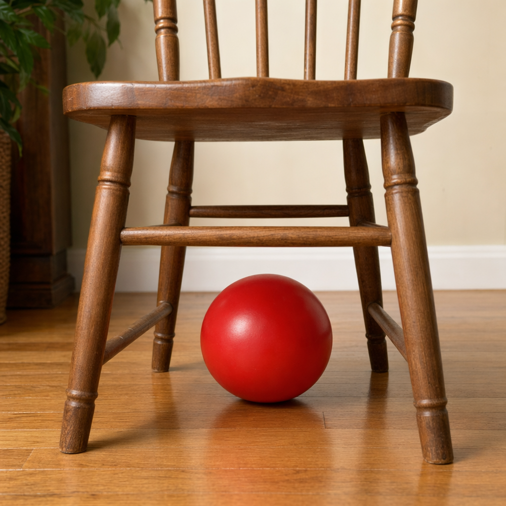 A red ball underneath a wooden chair
