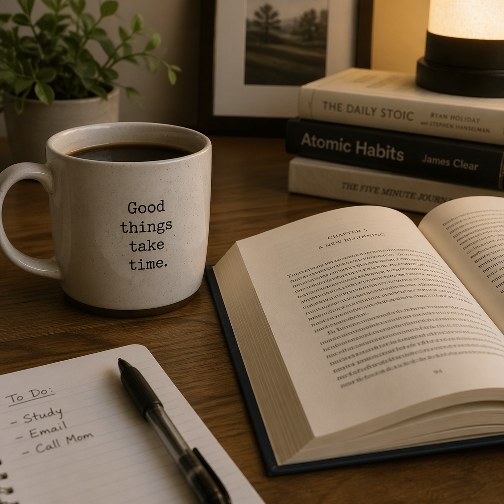 A coffee mug next to an open book on a desk