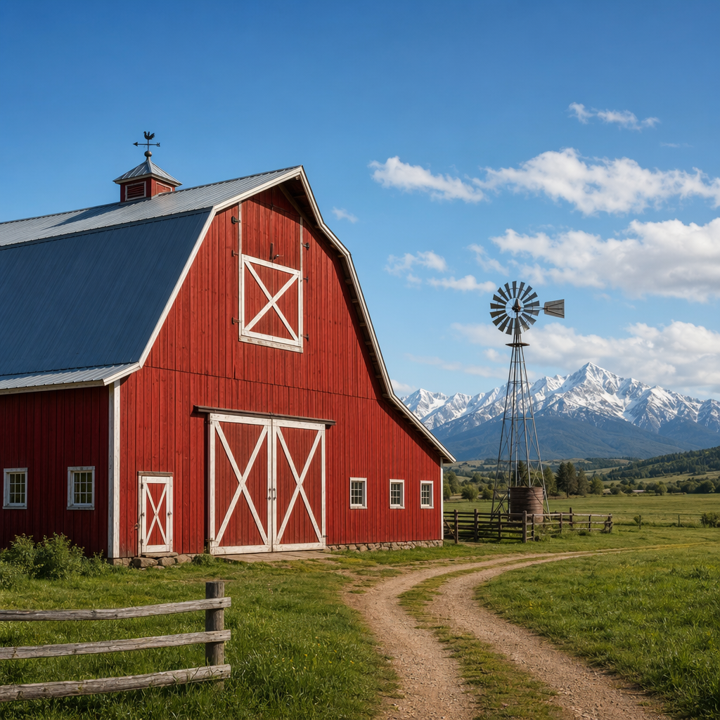 A landscape with a red barn in the foreground at large scale
