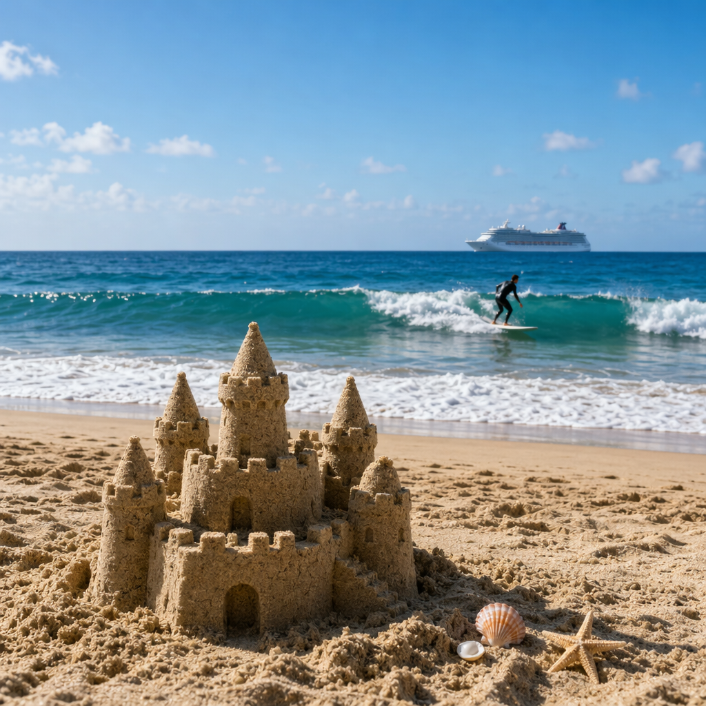 A beach scene with a sandcastle in the foreground, a surfer 