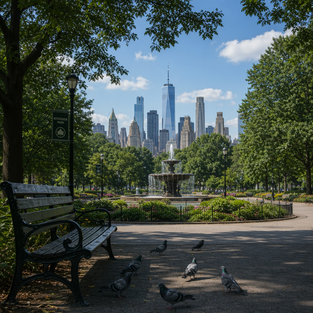 A city park with a park bench and pigeons in the foreground,