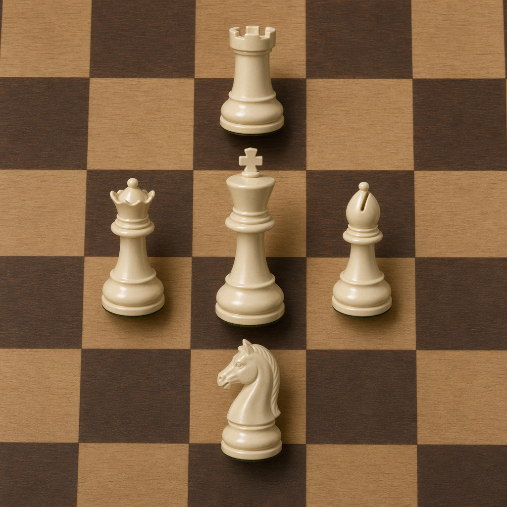 Five chess pieces on a board: a king in the center, a queen 