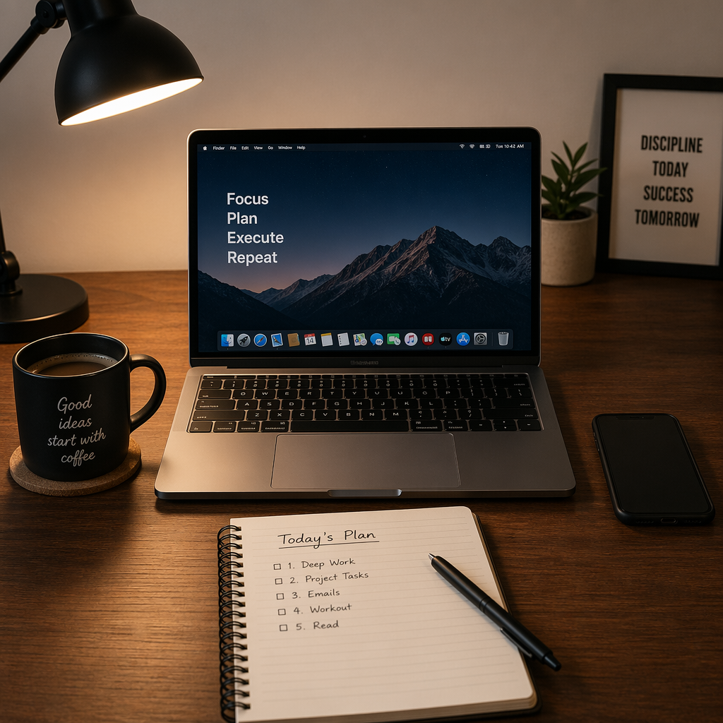A desk scene: laptop in the center, coffee mug to the left, 