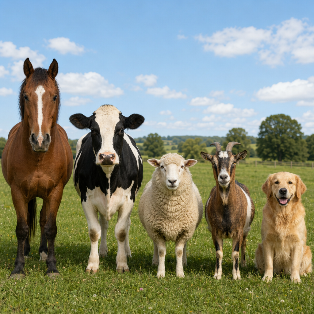Five animals in a field: a horse on the far left, a cow to t
