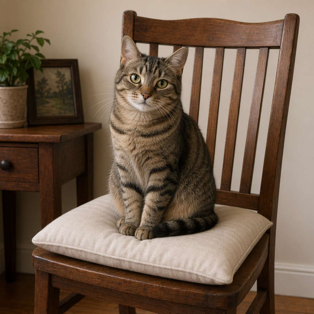 A cat sitting on a pillow, the pillow placed on a wooden cha