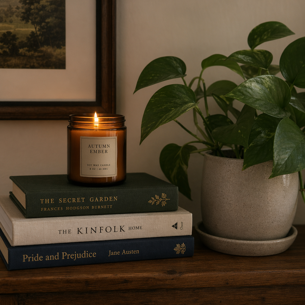 A candle on top of a stack of books, the books next to a pot