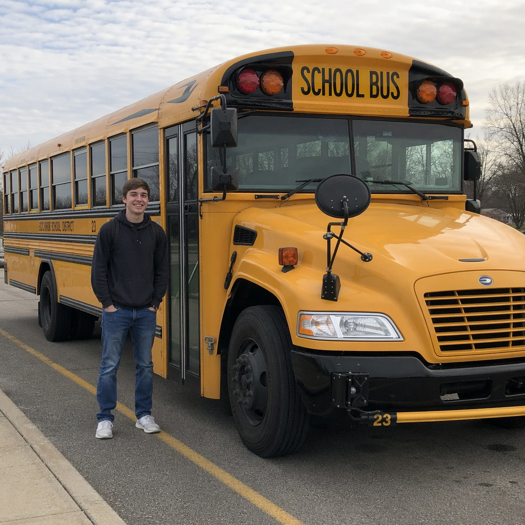 A person standing next to a yellow school bus, showing reali