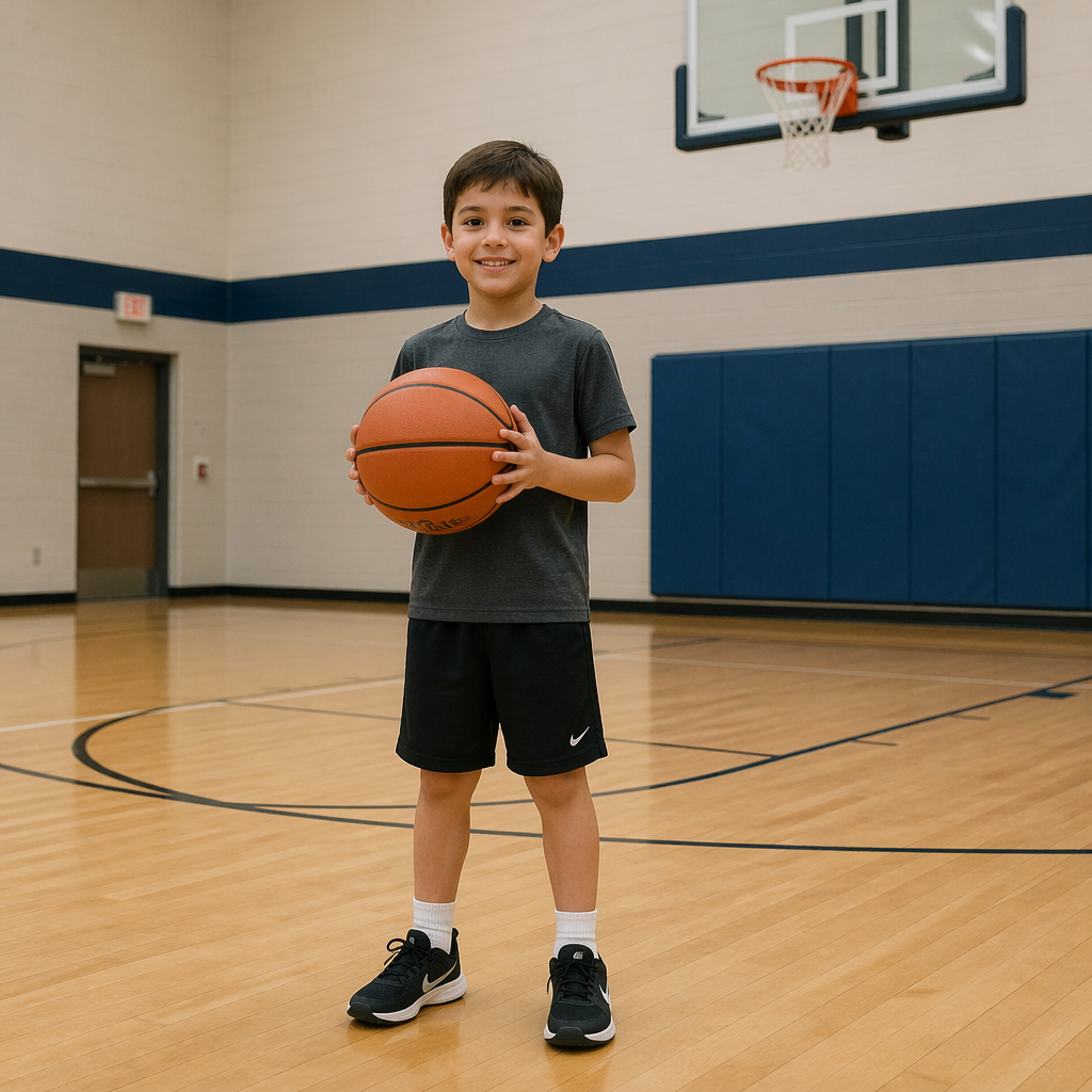 A child holding a basketball, both at correct relative sizes