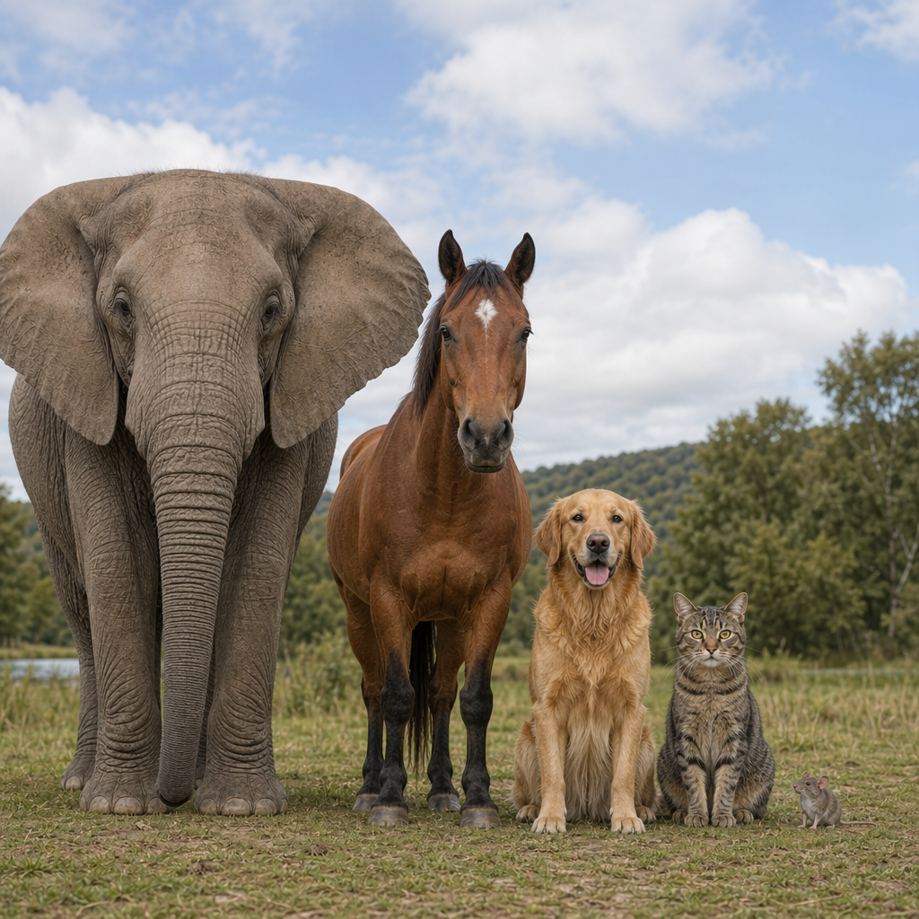 A group photo of an elephant, a horse, a dog, a cat, and a m