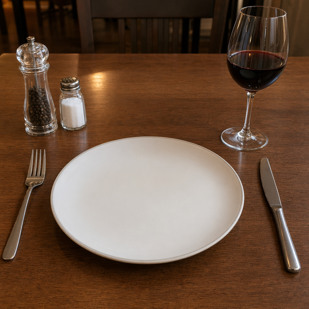 A dinner table scene with a plate, fork, knife, wine glass, 