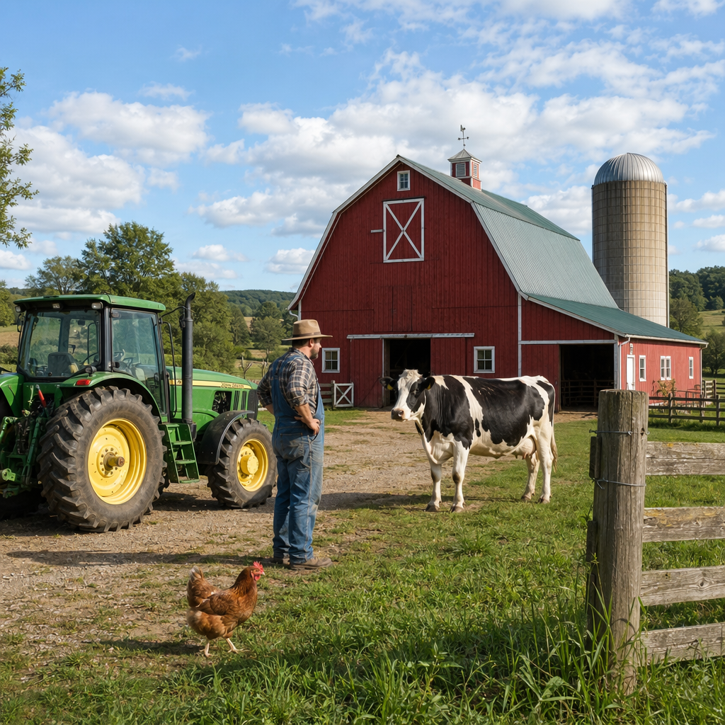 A farm scene with a barn, tractor, farmer, cow, chicken, and