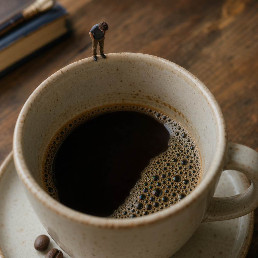 A tiny person standing on the rim of a coffee cup, looking d
