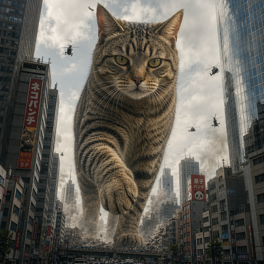 A giant tabby cat walking between city skyscrapers like a ka