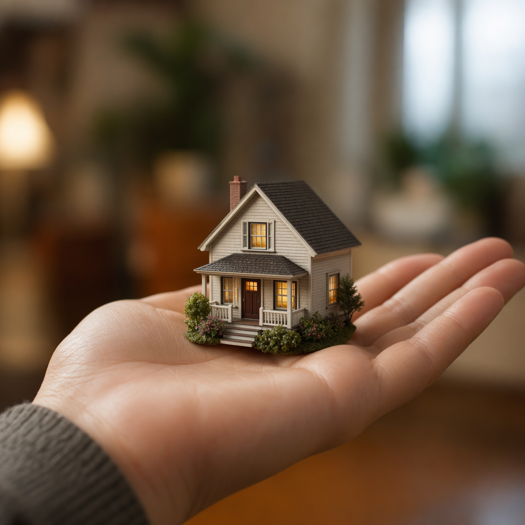 A miniature house sitting on the palm of someone's hand