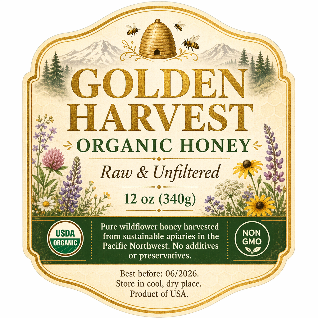 A product label for 'GOLDEN HARVEST ORGANIC HONEY' with subt