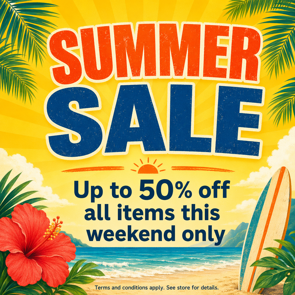 A poster with headline 'SUMMER SALE' in large bold text, bod