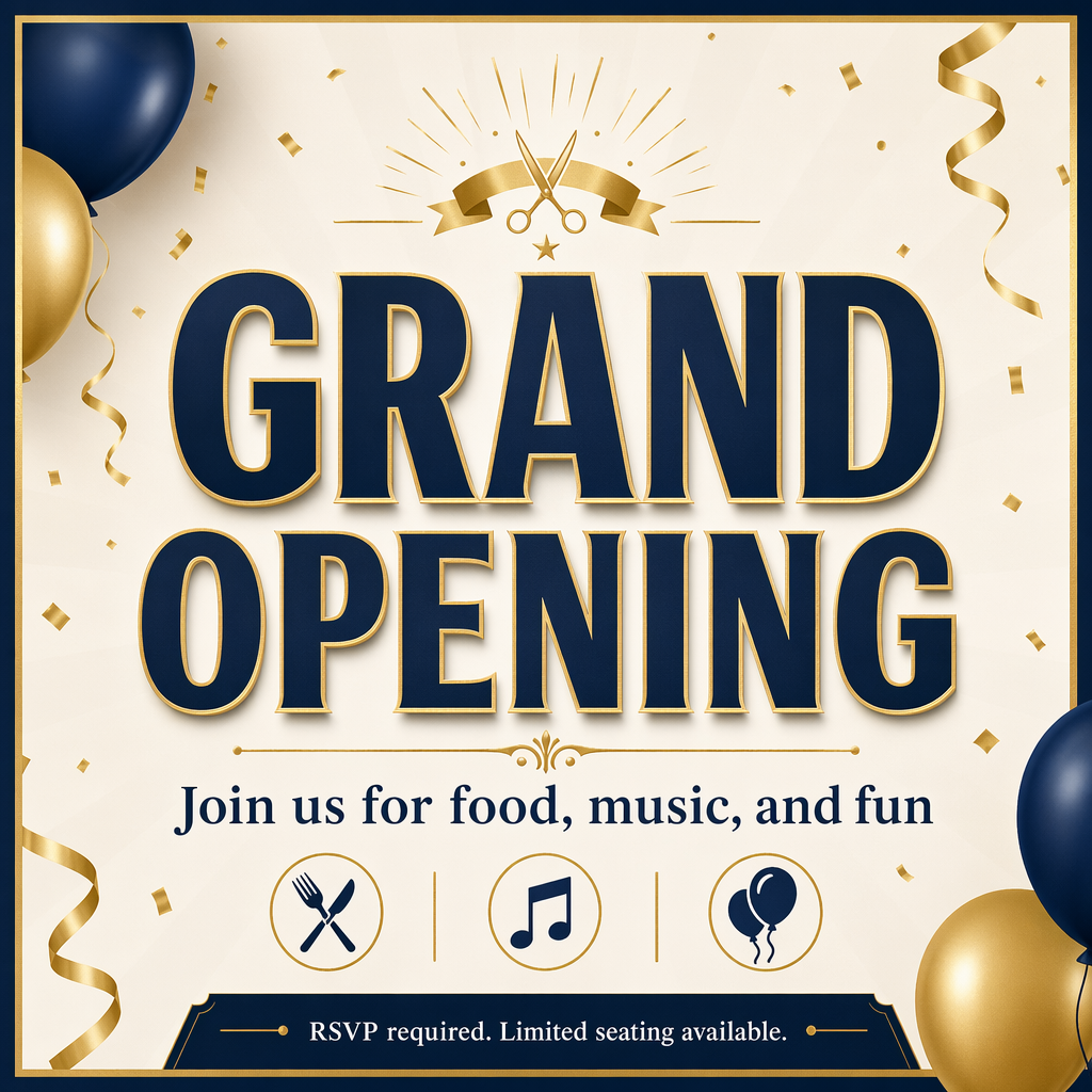 A flyer with large title 'GRAND OPENING', subtitle 'Join us 