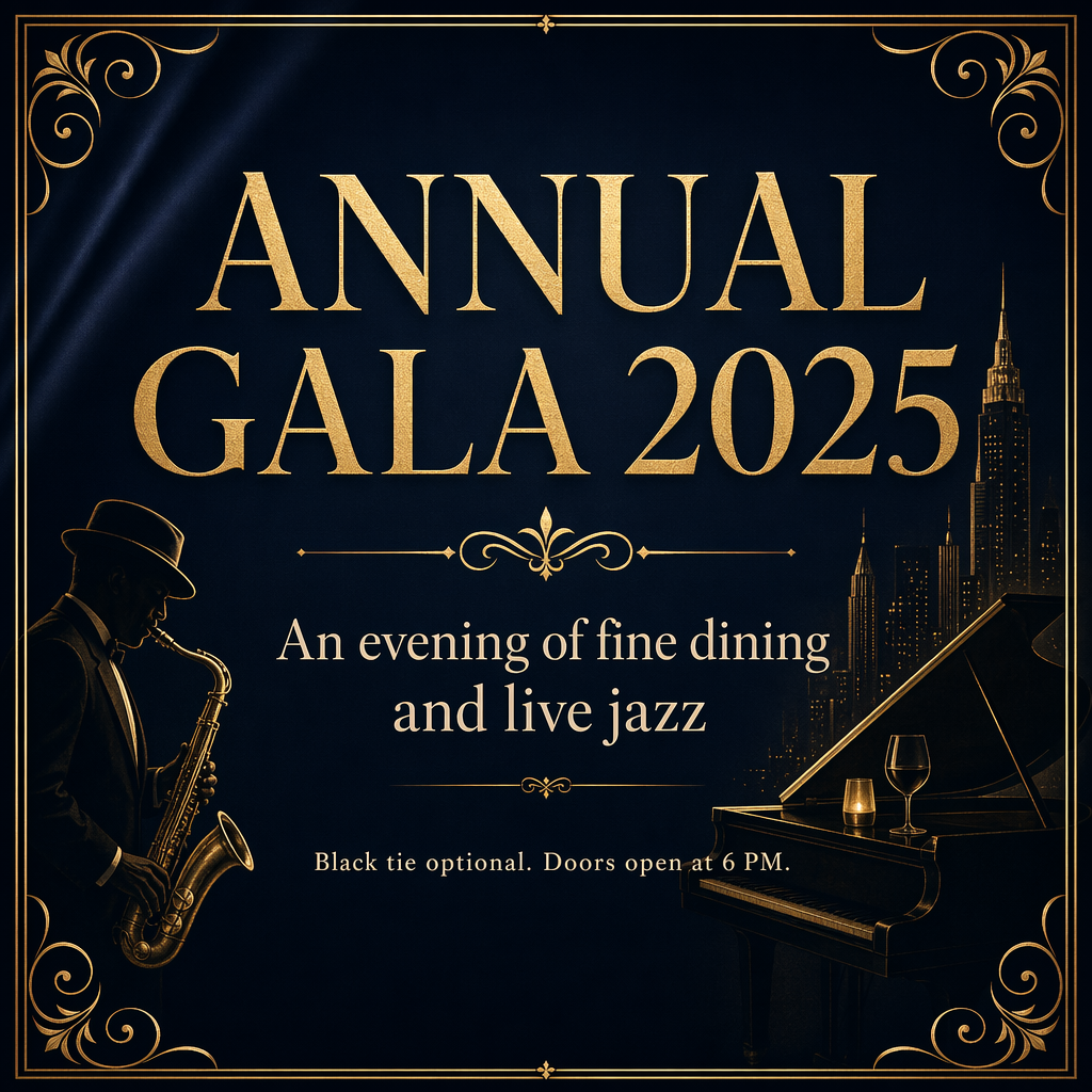 An event banner with headline 'ANNUAL GALA 2025' at the top 